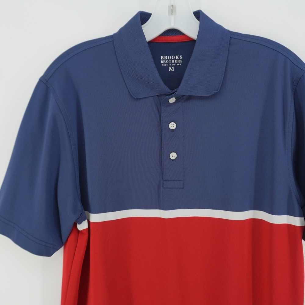 Brooks Brothers Polo Shirt Mens M Blue Red Colorblock Performance Stretch S/S